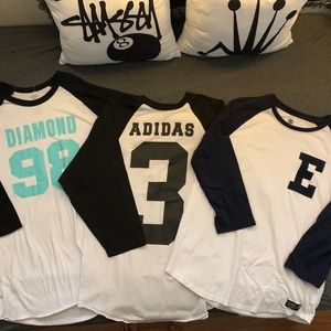 3 Piece Very Rare Streetwear Skateboarding Baseball Shirt 3/4 sleeve Raglan Lot